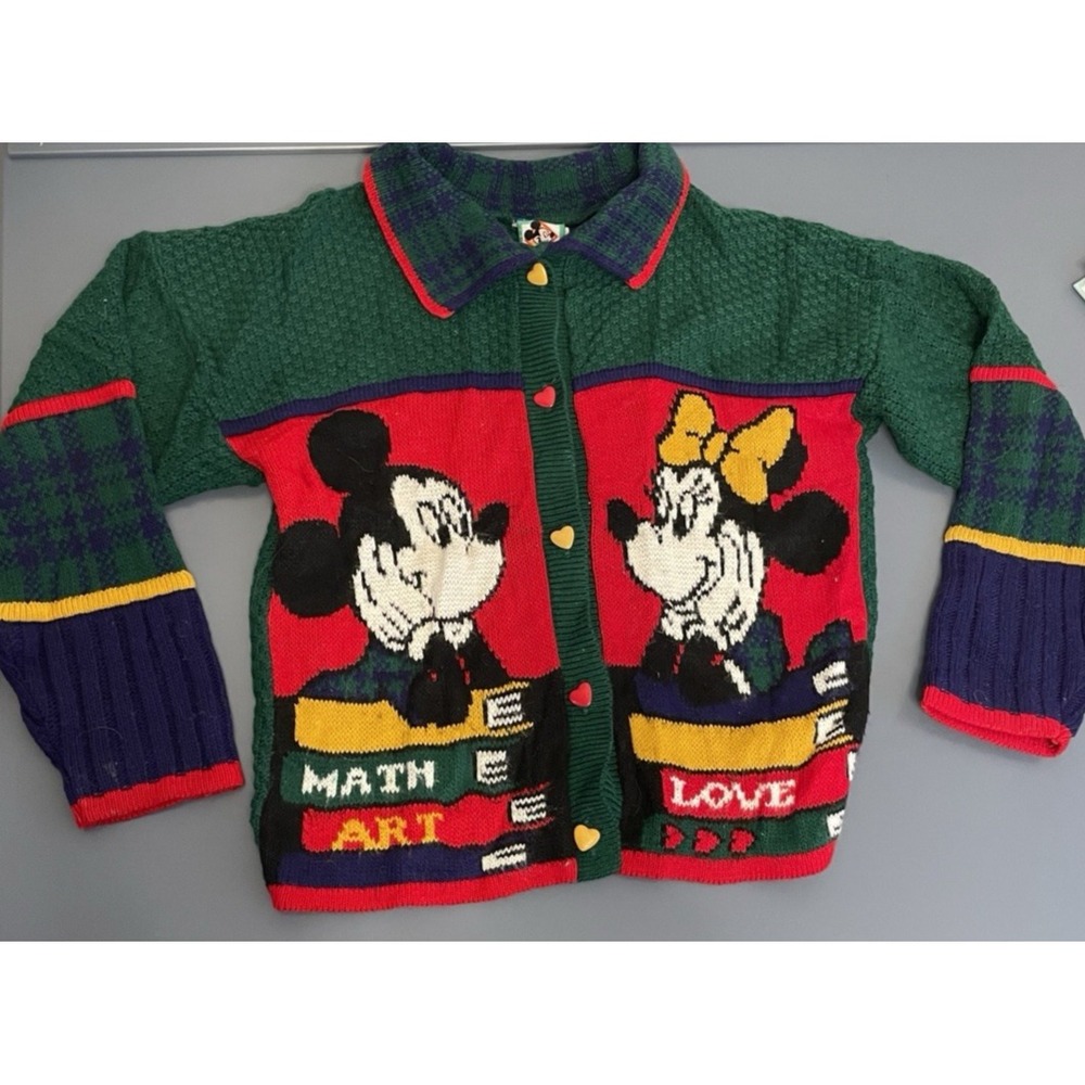 Vintage Disney Mickey Minnie School Cardigan Sweater Kids Size 10/12 Green Red